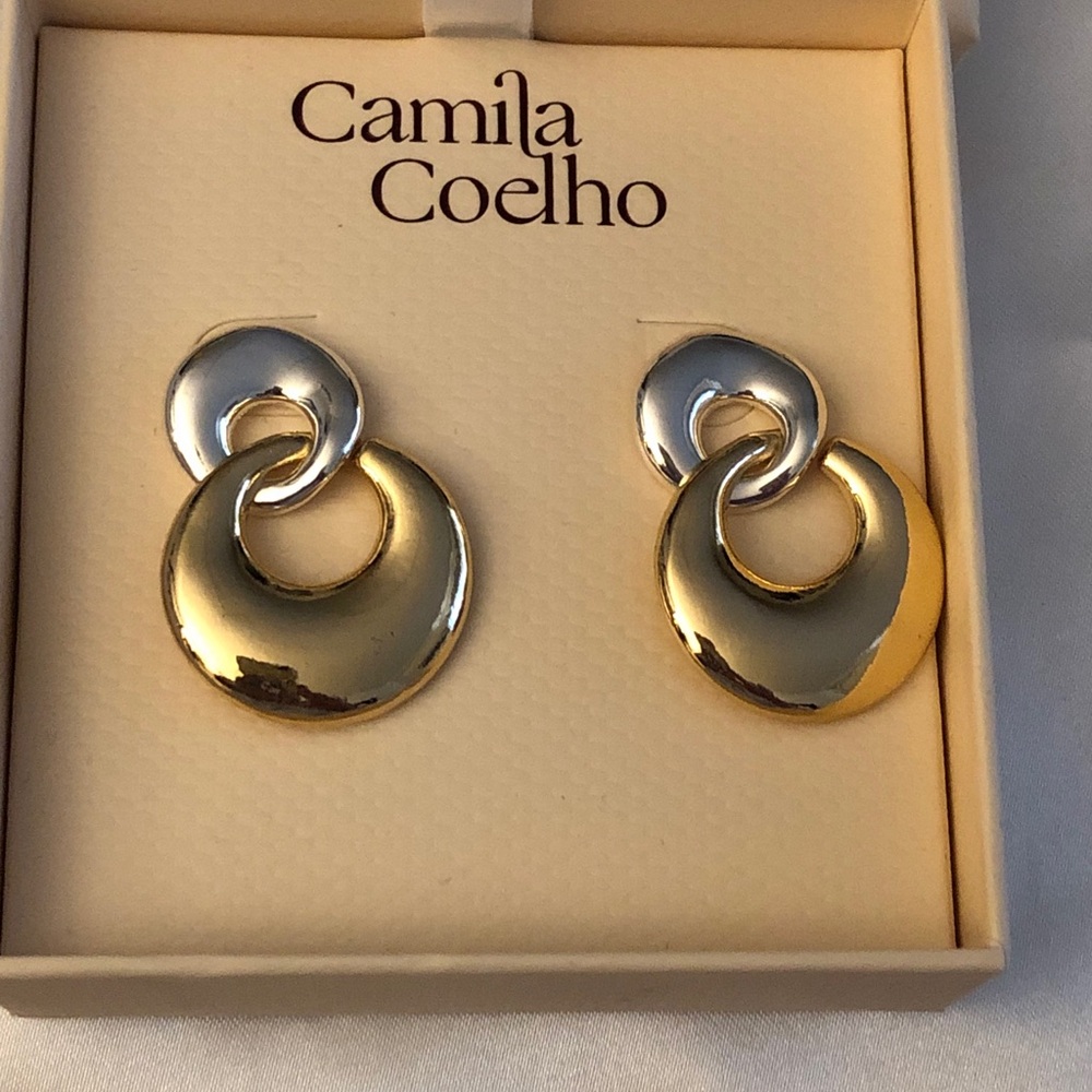 Camila Coelho Polished Two-Tone Interlocking Open Circle Drop Earrings NIB